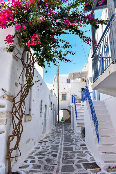 Tiny white streets in Paros, Greece