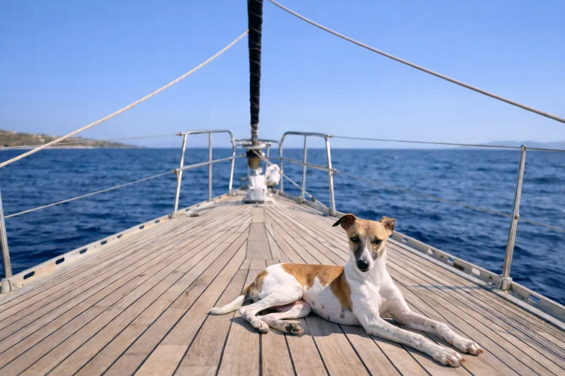 Billie whippet on a sail boat