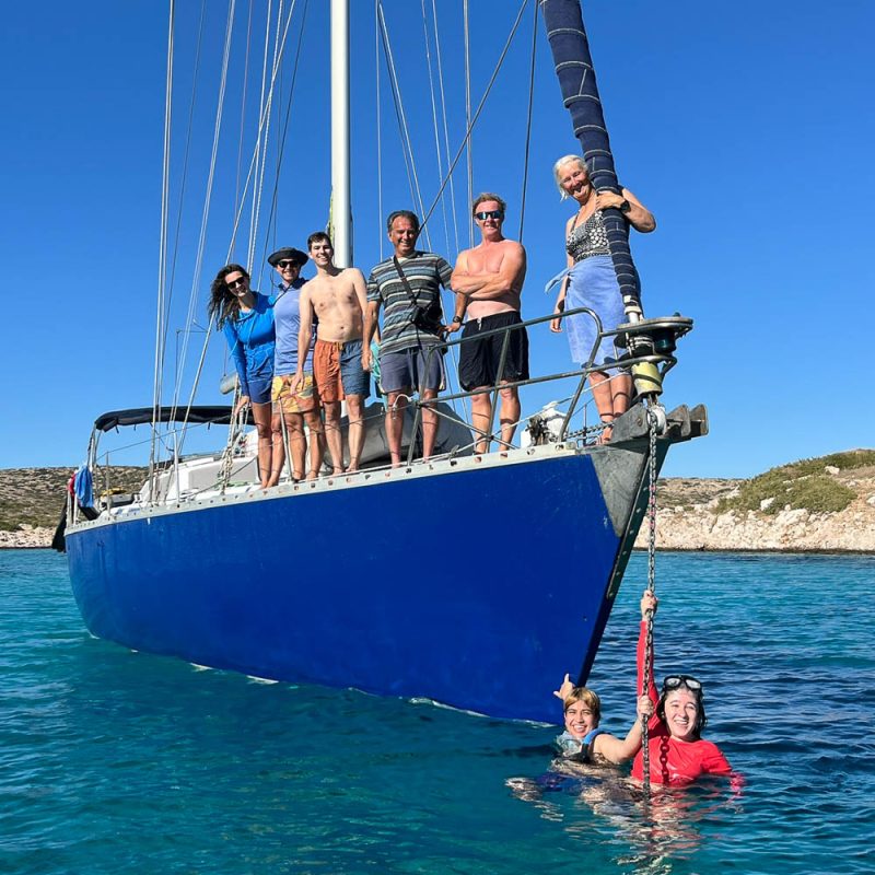 Passengers on sail boat Artemis, on share boat holiday in Greece
